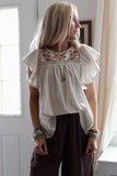 Stripe Ruffled Sleeve Embroidered Blouse