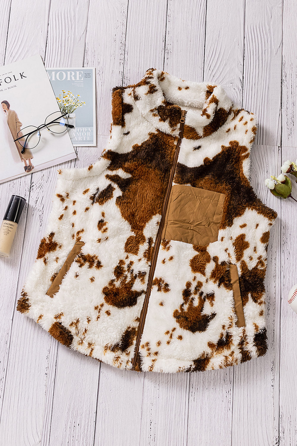 Manteau gilet chaud sans manches en peluche avec fermeture éclair et poche de vache