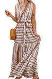 Striped V Neck Sleeveless Maxi Dress with Tie