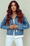 Sky Blue Distressed Contrast Hooded Denim Jacket with Pockets