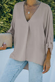 V Neck 3/4 Sleeve High Low Hem Shirt