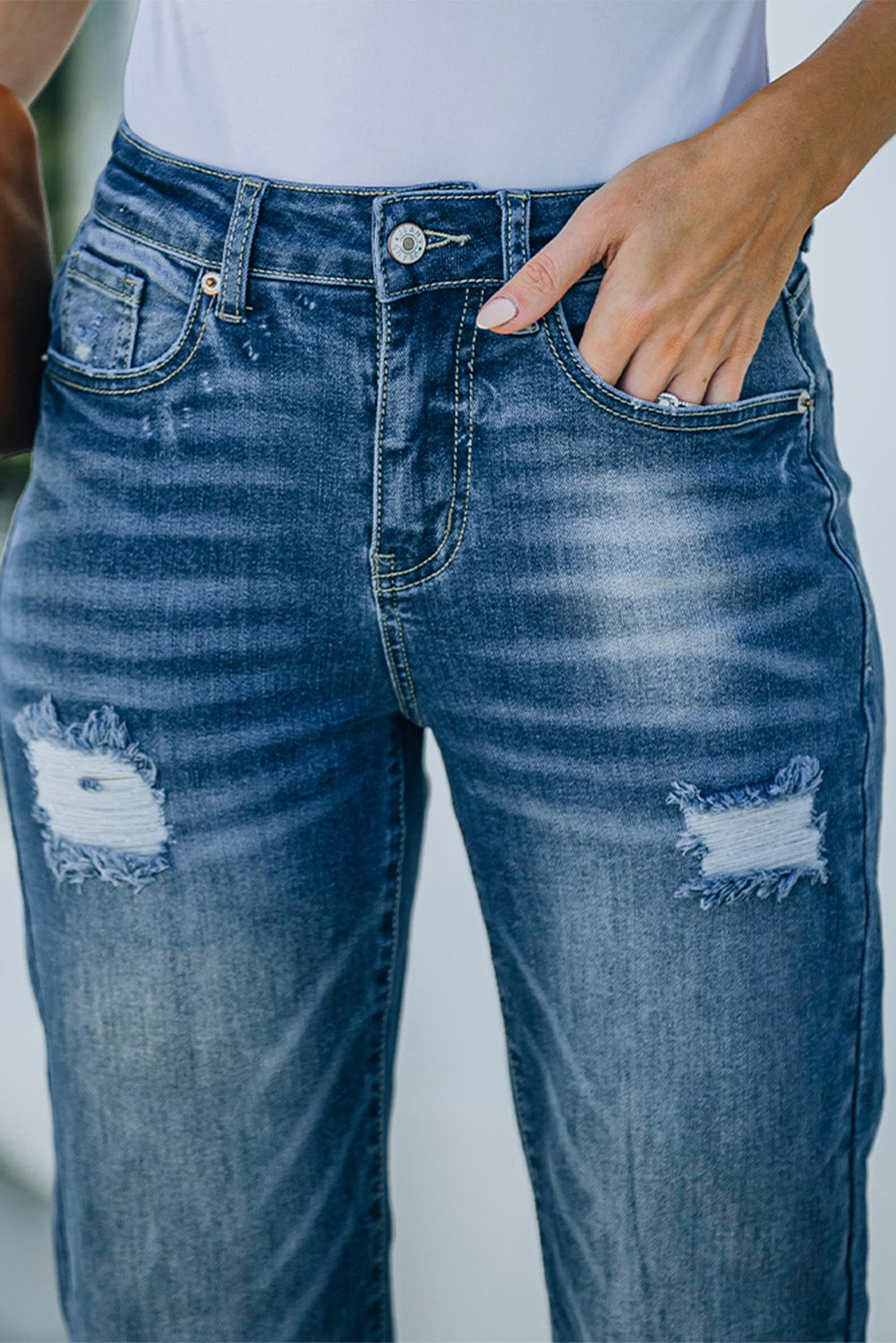 High Rise Washed Distressed Flare Jeans