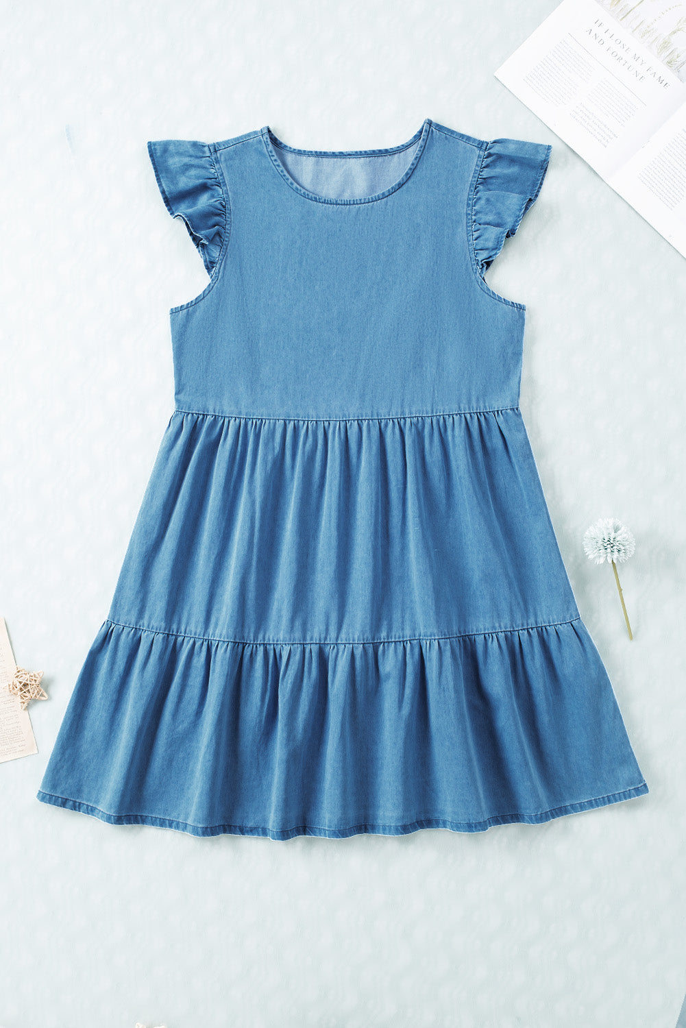 Crew Neck Flutter Tiered A-line Chambray Dress