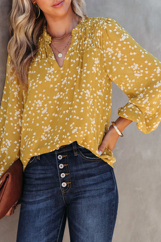 Blouse froissée imprimée jaune à col fendu d'automne