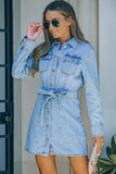 Buttoned Long Sleeve Denim Dress with Tie