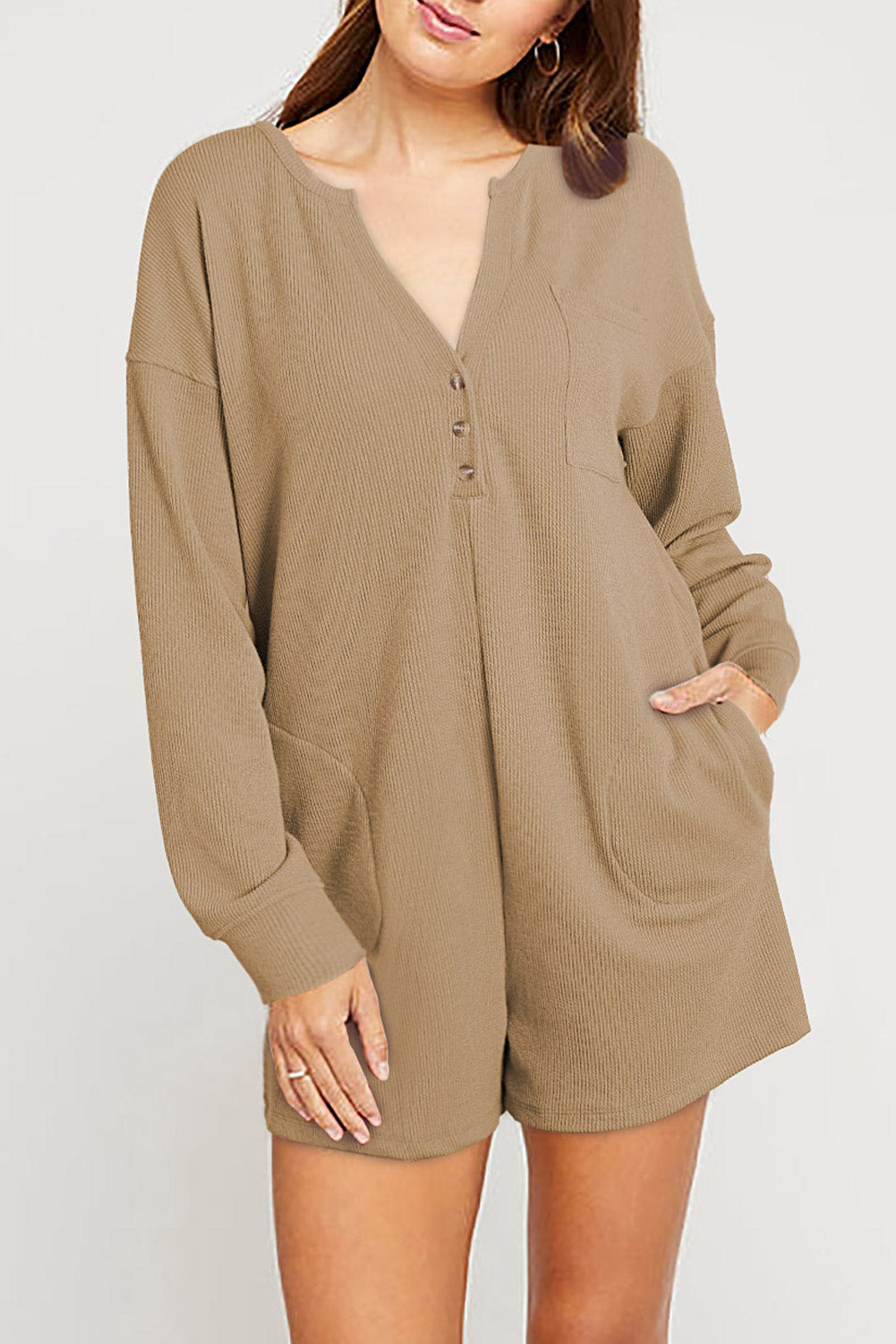 Dark Green Brushed Ribbed Button Split V Neck Long Sleeve Romper