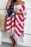 Plus Size American Flag Tasseled 3/4 Sleeve Cardigan