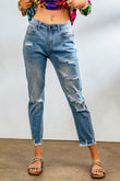 Pantalon en jean boyfriend bleu clair effet vieilli