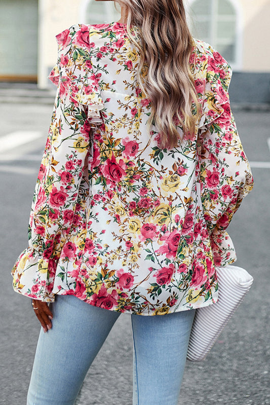 Floral Printed Ruffle Trim Long Sleeve Blouse