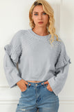 Gray Pearl Embellished Ruffle Wide Sleeve Sweater