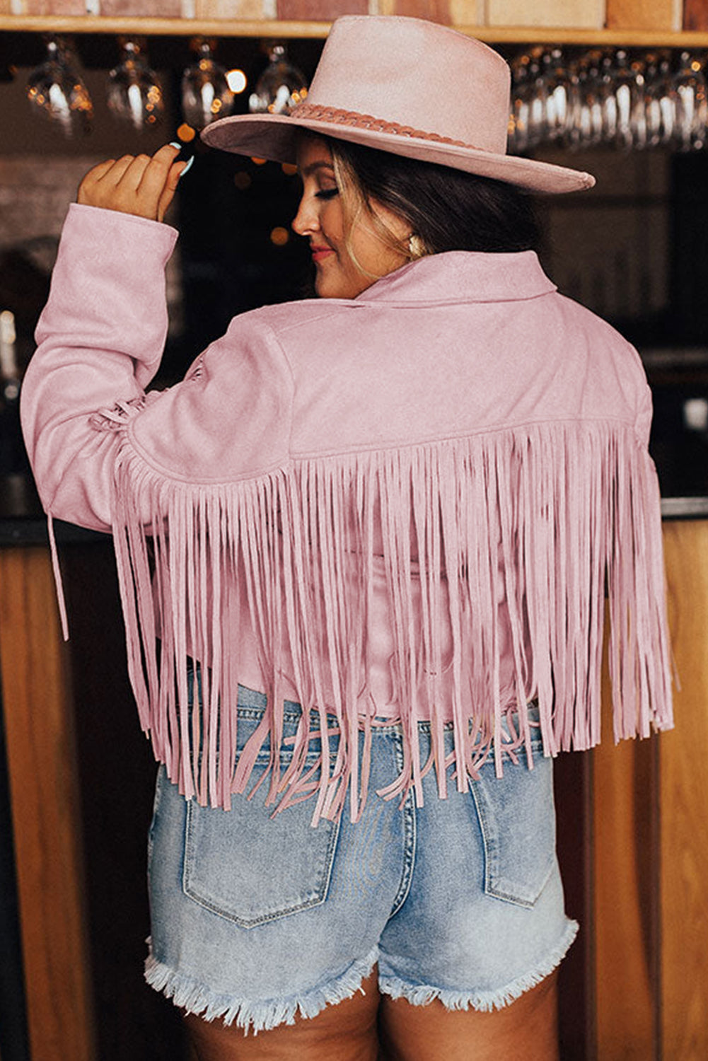 Veste Courte Rose à Franges Grande Taille