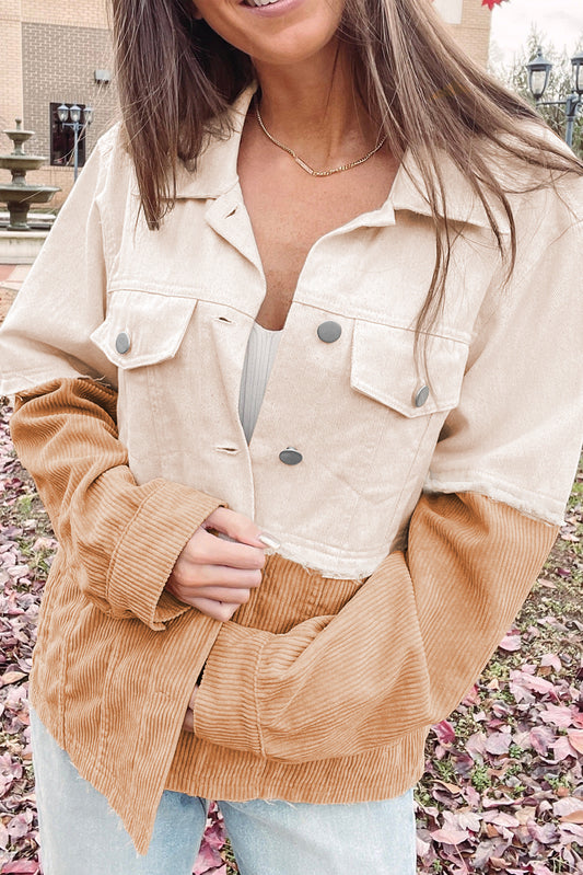 Two Toned Colorblock Cord Chambray Flap Pockets Jacket