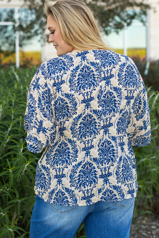 Blue Plus Size Ethnic Printed 3/4 Sleeve V Neck Loose Blouse