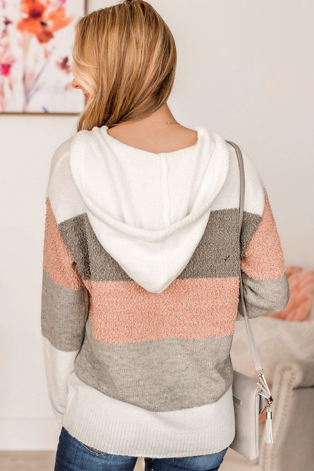 Pull à capuche avec cordon de serrage en tricot rose color block