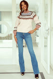 Geometric Pattern Ribbed Trim High Neck Sweater