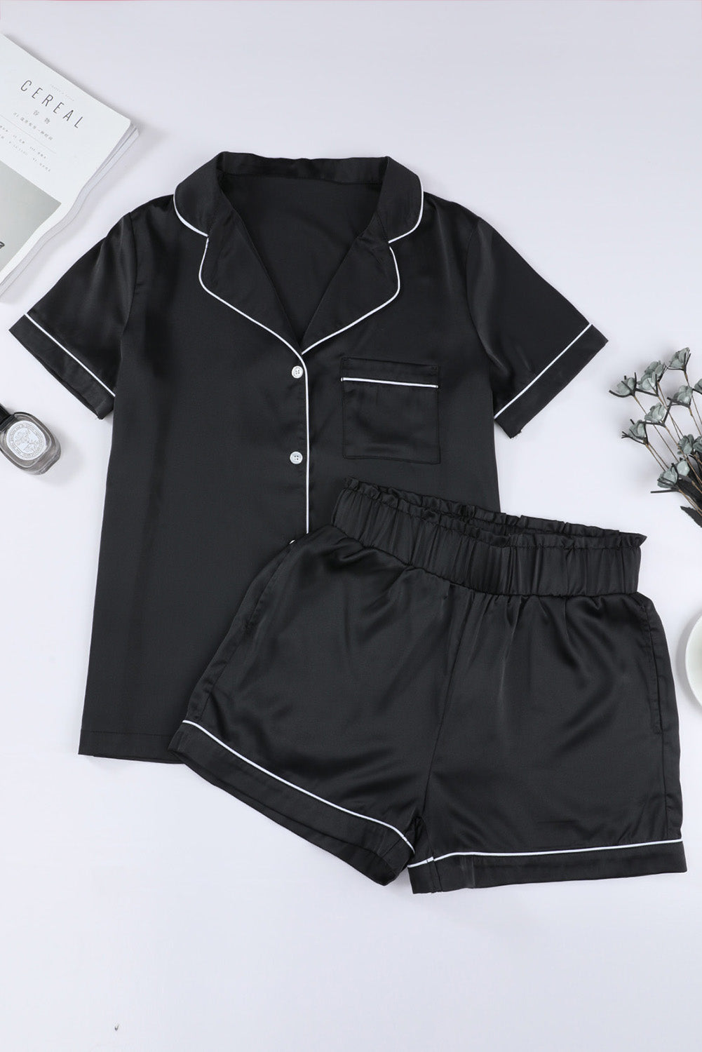 Contrast Trim Short Sleeve Two-piece Pajamas Set