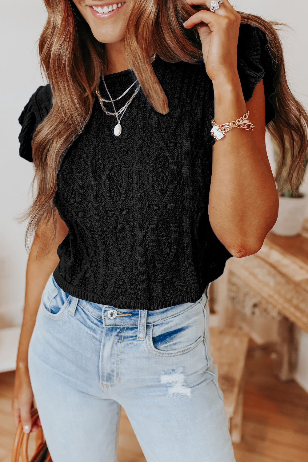 Ruffle Sleeve Cable Knit Top