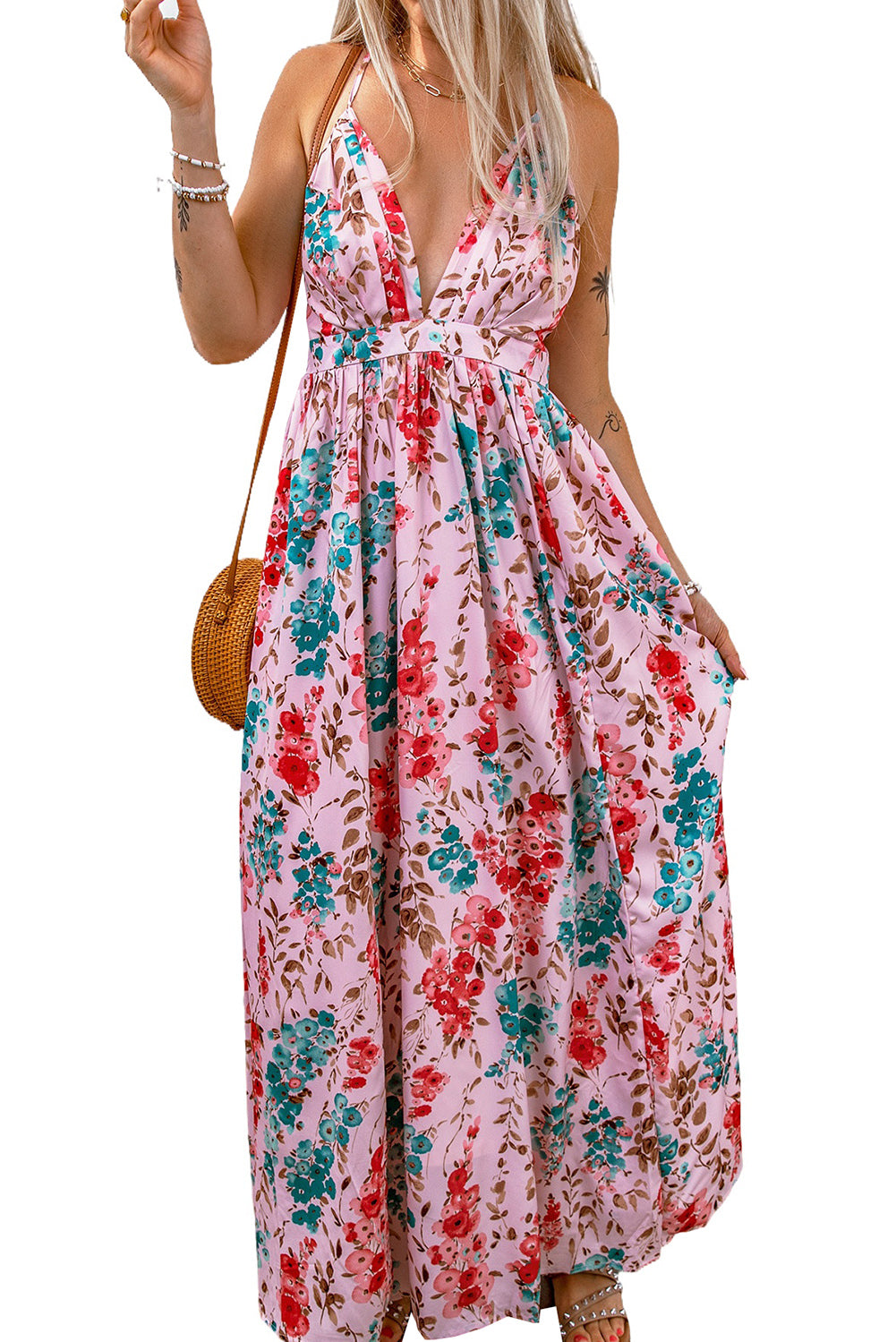 Printed Pleated V Neck Crossed Strappy Back Dress