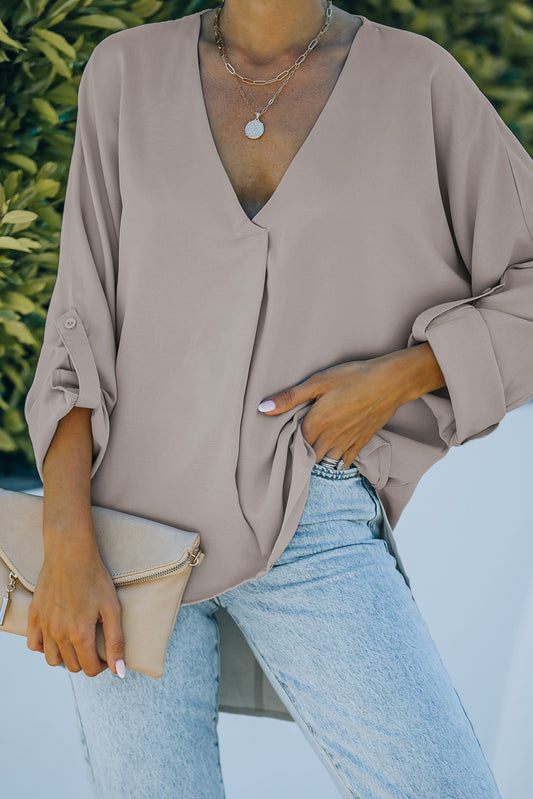 V Neck 3/4 Sleeve High Low Hem Shirt