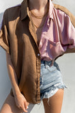 Satin Color Block Short Sleeve Shirt