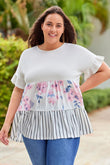 Plus Size Floral Stripe Color Block Babydoll Top