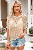 Fishnet Knit Ribbed Round Neck Short Sleeve Sweater Tee