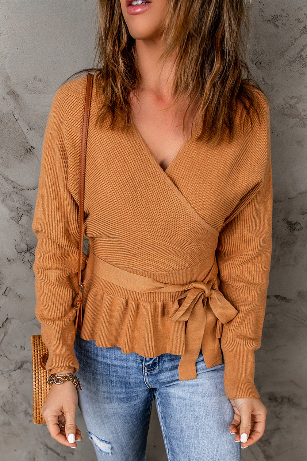 Rib Knit Surplice Neck Belted Peplum Sweater