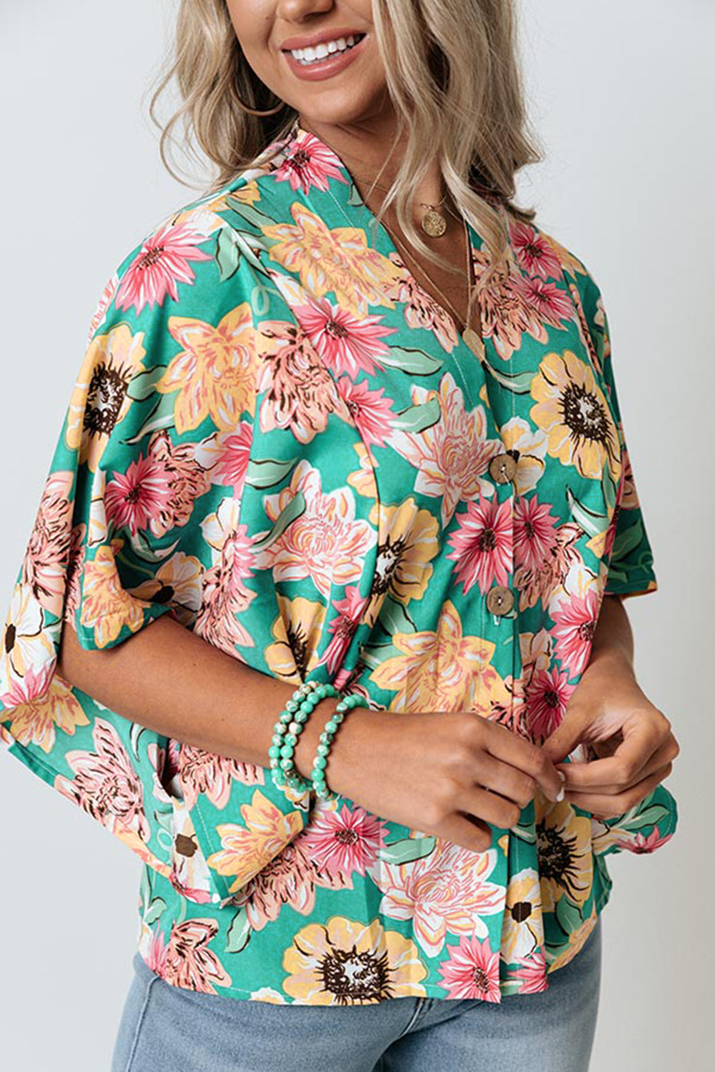 Kimono vert à imprimé floral Vacay