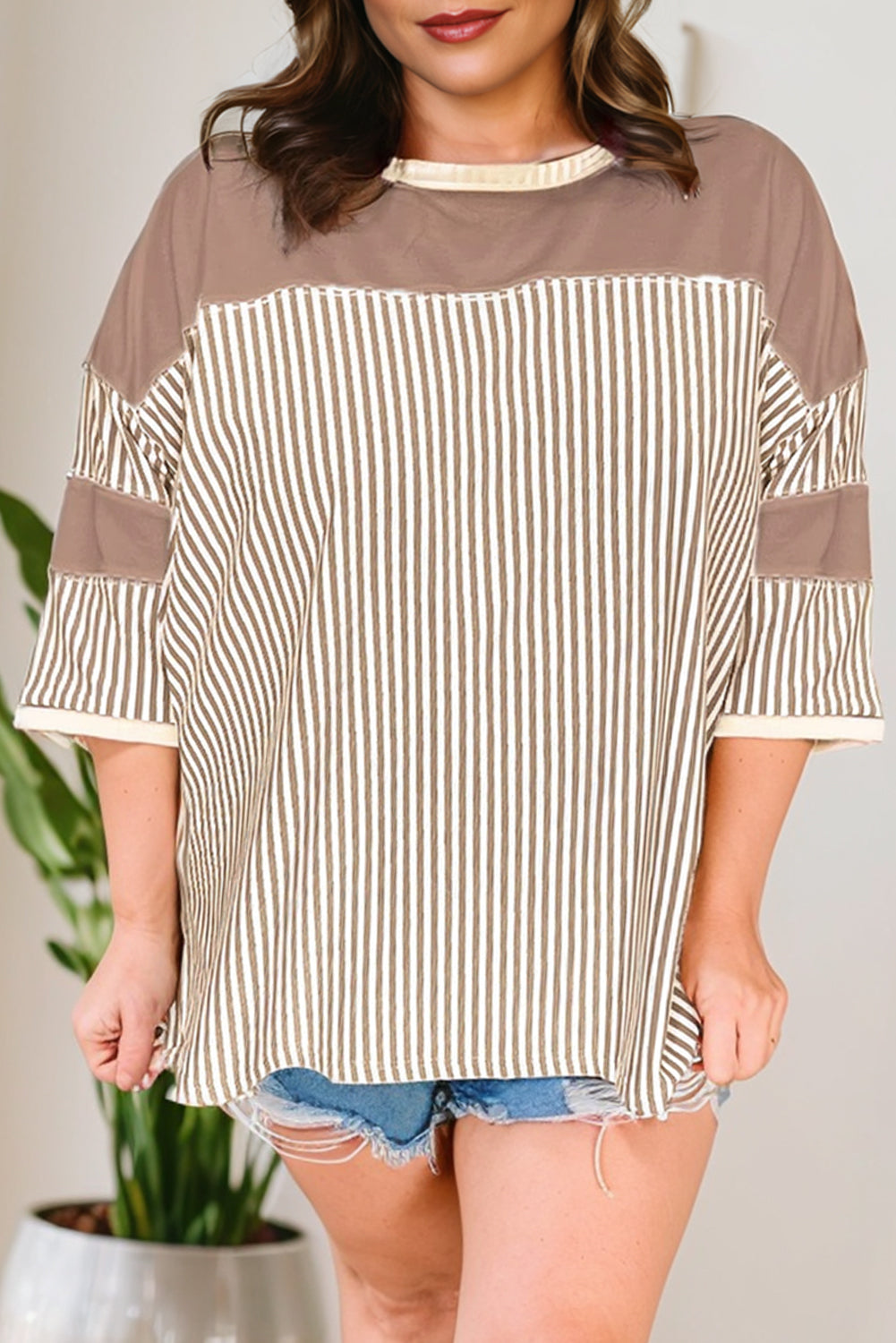 Khaki Stripe Patchwork Bracelet Sleeve Plus Size T Shirt
