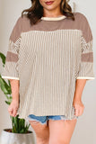 Khaki Stripe Patchwork Bracelet Sleeve Plus Size T Shirt