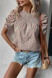 Khaki Leopard Shirred Round Neck Puff Sleeve Blouse