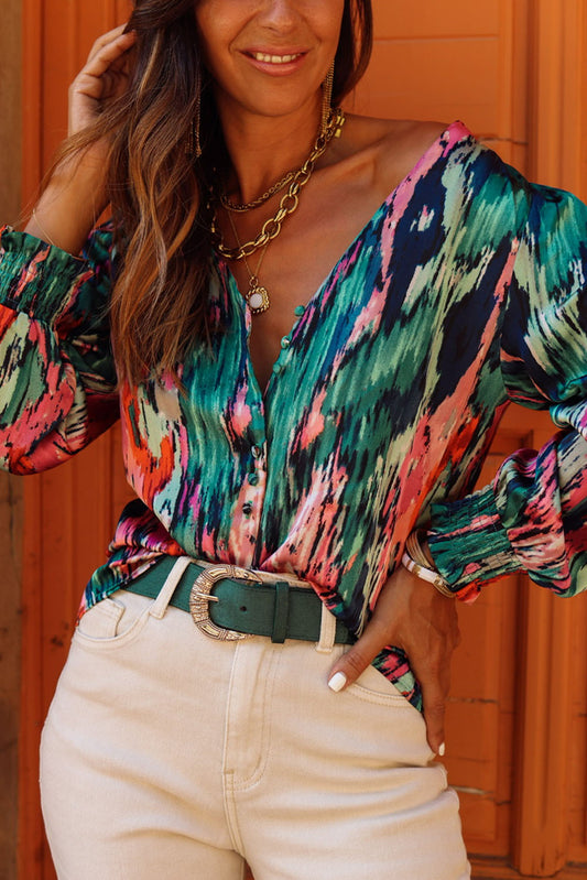 V Neck Abstract Print Long Sleeve Shirt