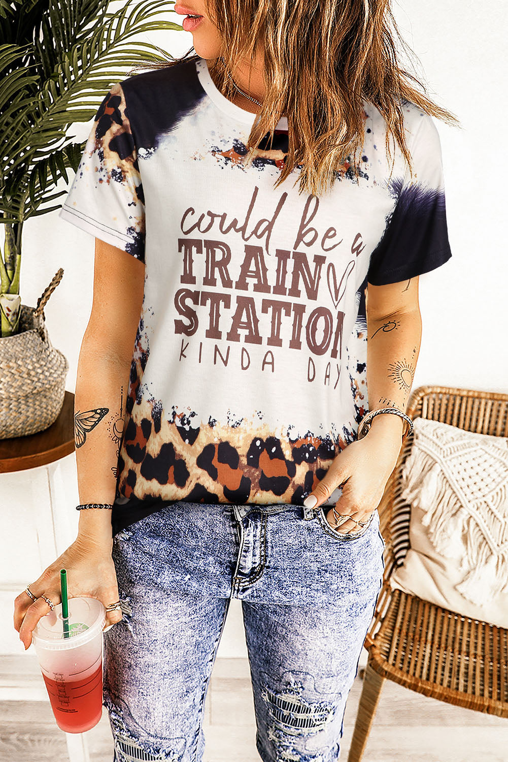 TRAIN STATION Graphic Leopard Print T Shirt