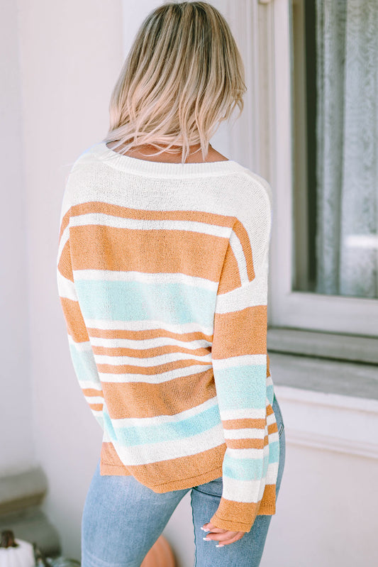 Colorblock Stripe Long Sleeve Split Sweater