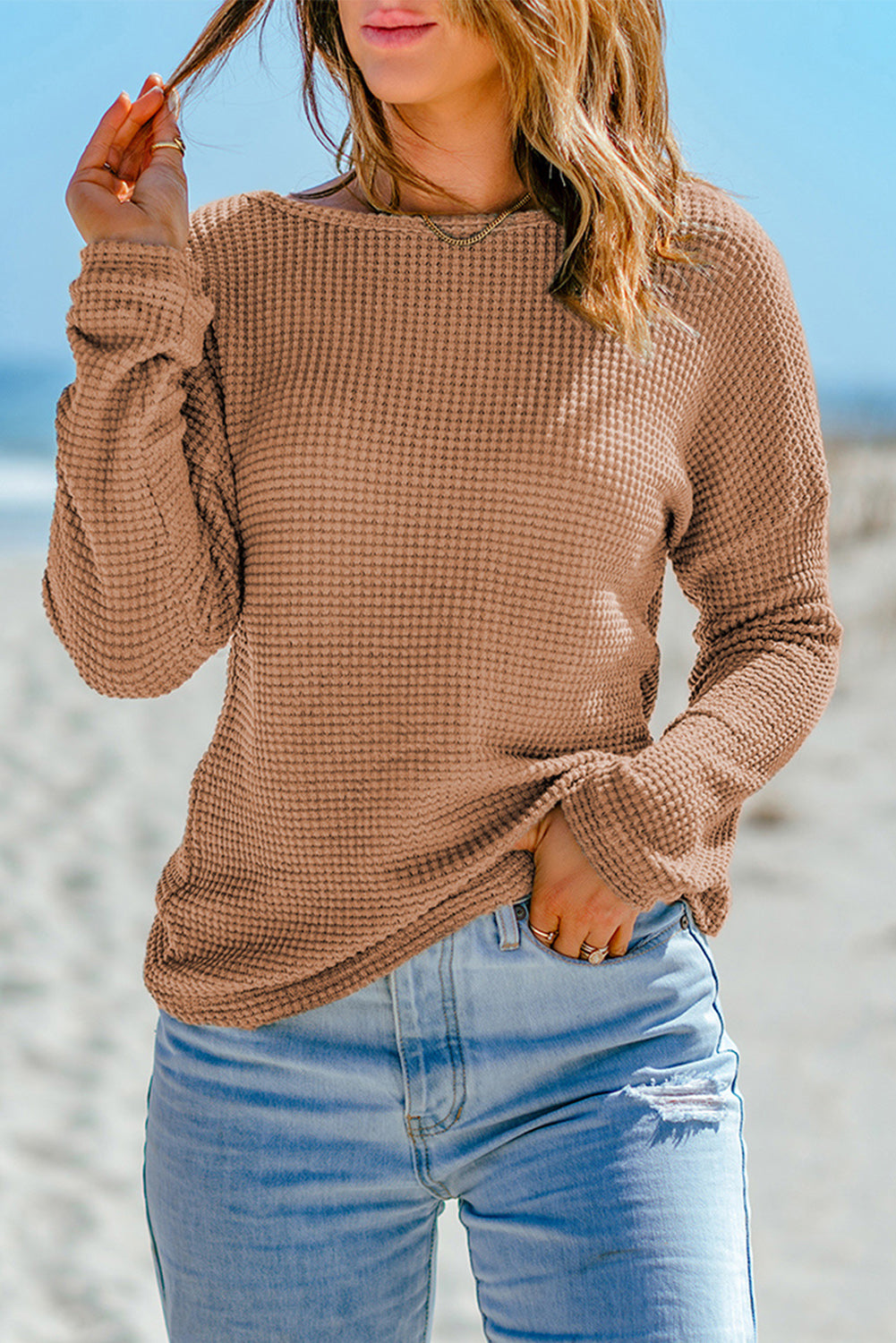 Dark Brown Waffle Knit Drop Shoulder Long Sleeve Top