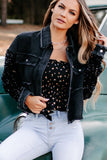 Sequin Sleeve Pocketed Raw Hem Denim Jacket