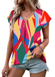 Abstract Print Button V Neck Blouse