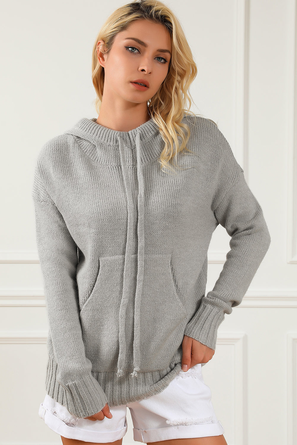 Gray Cowl Neck Drawstring Pullover Hooded Sweater