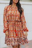 Western Pattern Print Lantern Sleeve Drawstring Mini Dress