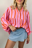 Black Stripe Crinckled Ruffled Sleeve Button up Loose Shirt