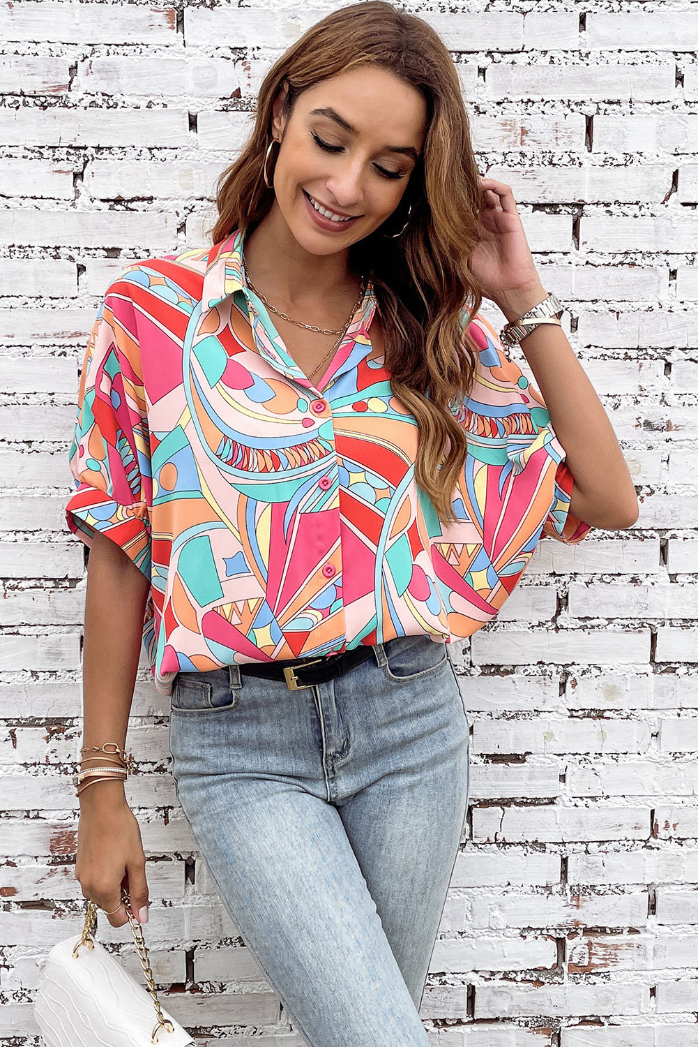 Abstract Geometry Print Half Puff Sleeve Loose Shirt