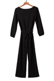 Boat Neck Bubble Sleeve Straight Legs Jumpsuit with Belt Tie