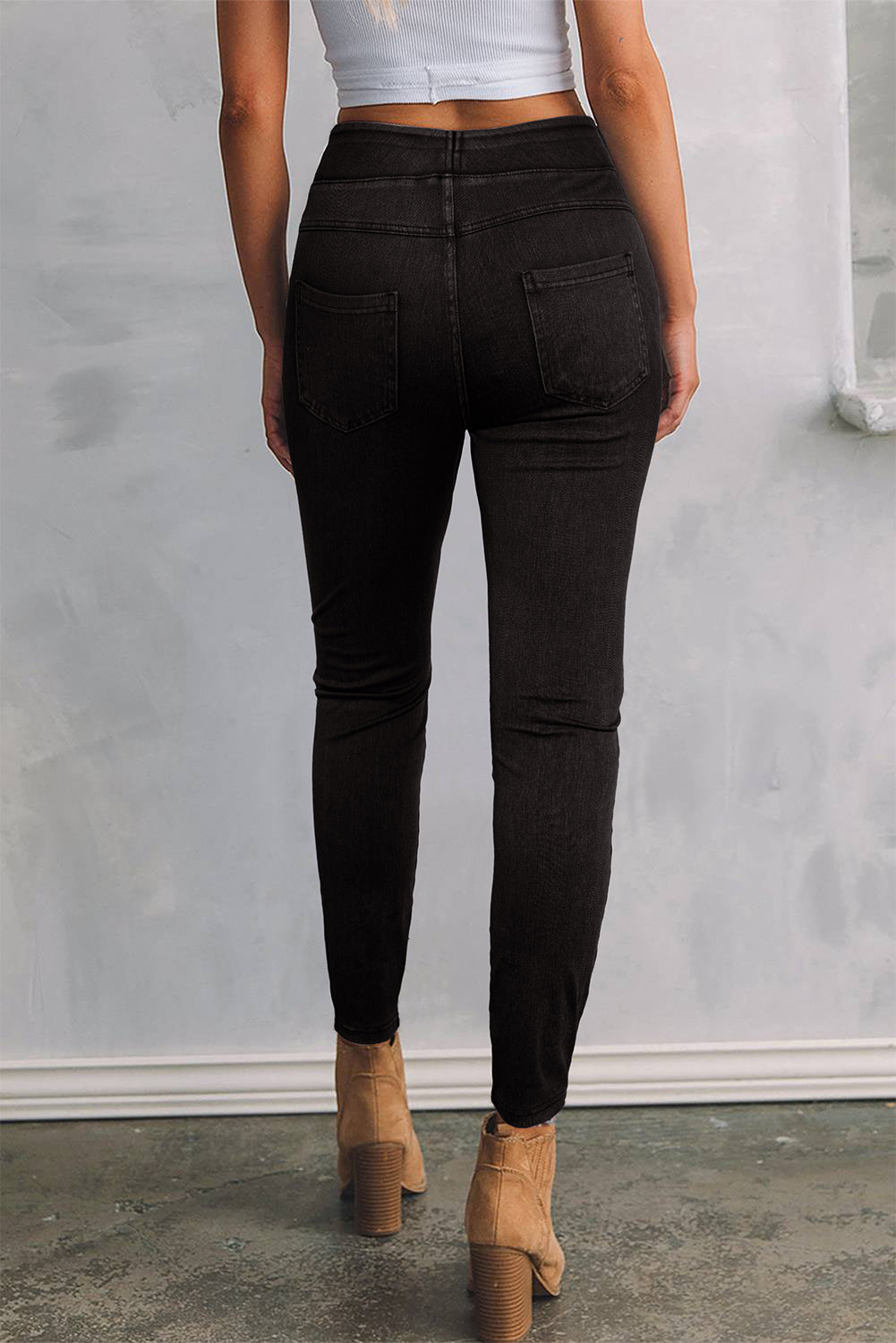 Black Solid Color High Waist Stretchy Slim Fit Jeggings