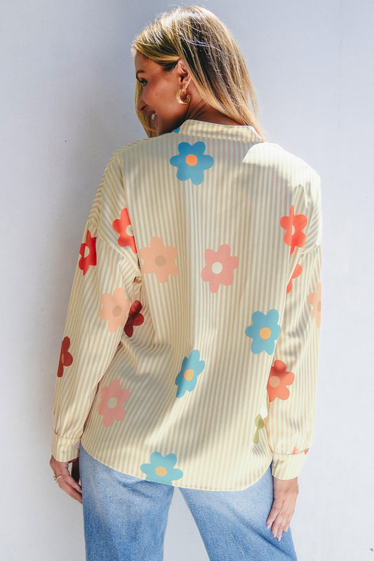 Apricot Stripe Flower Print Collared Button-up Loose Fit Shirt