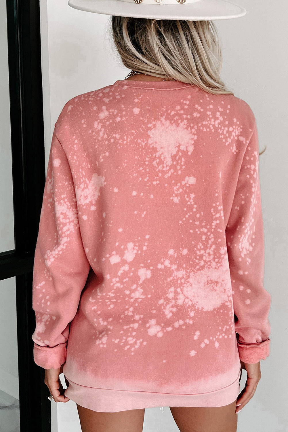 Pink Bleached Round Neck Pullover Sweatshirt