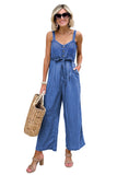 Buttoned Wide Leg Belted Chambray Strappy Jumpsuit