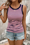 Pink Stripe Contrast Round Neck Sleeveless Slim Top