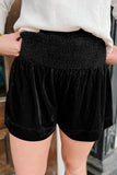 Black Smocked High Waist Velvet Shorts