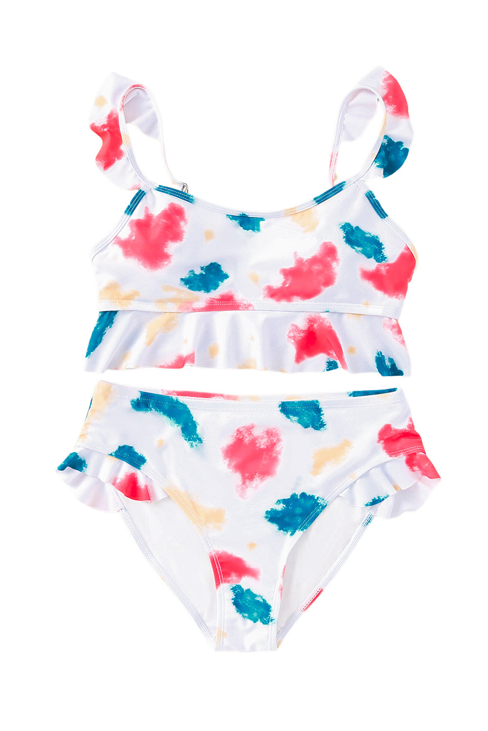 Tie Dye Scoop Neck Ruffle Trim Two Piece Swimsuit