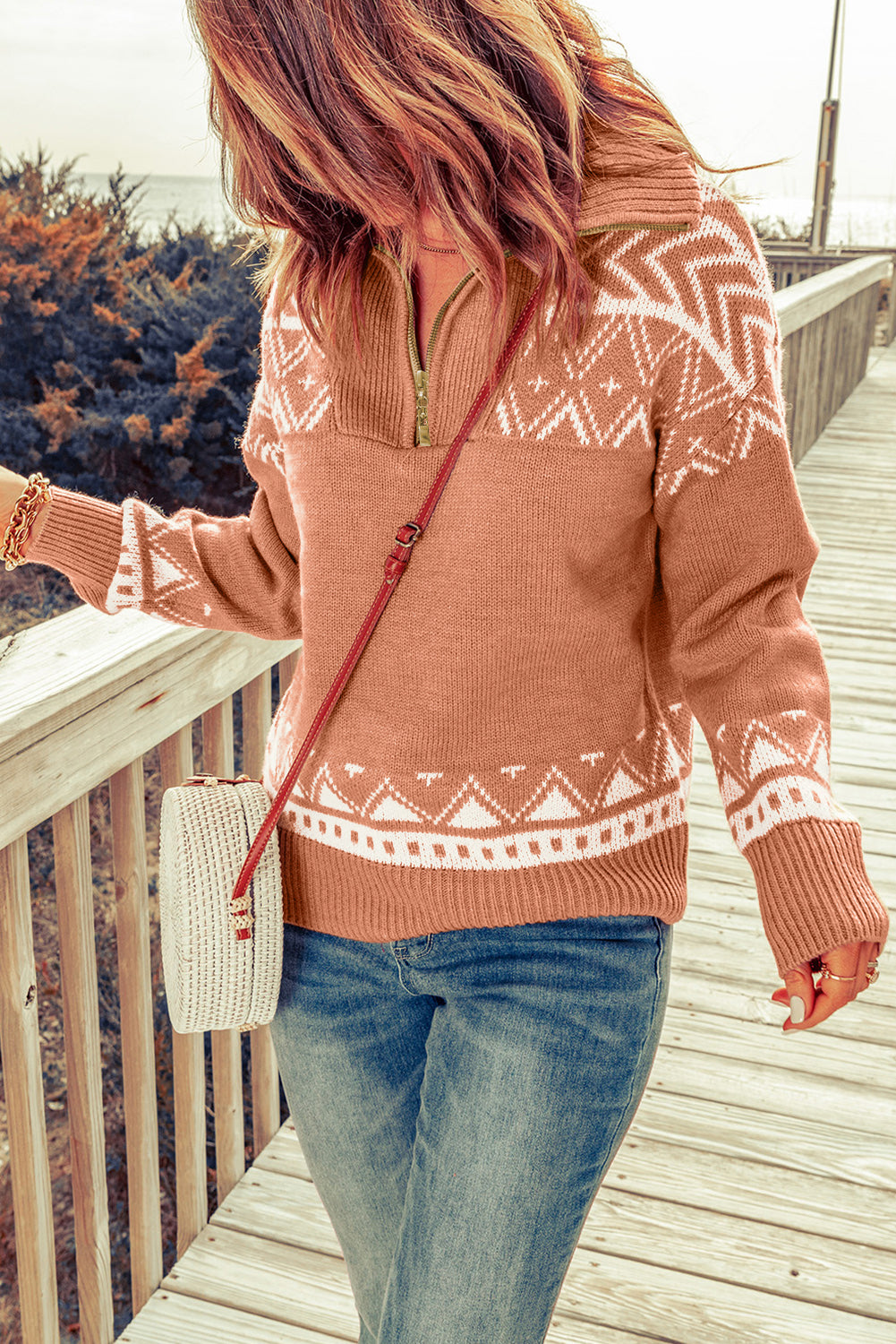 Pink Geometry Knit Quarter Zip Sweater